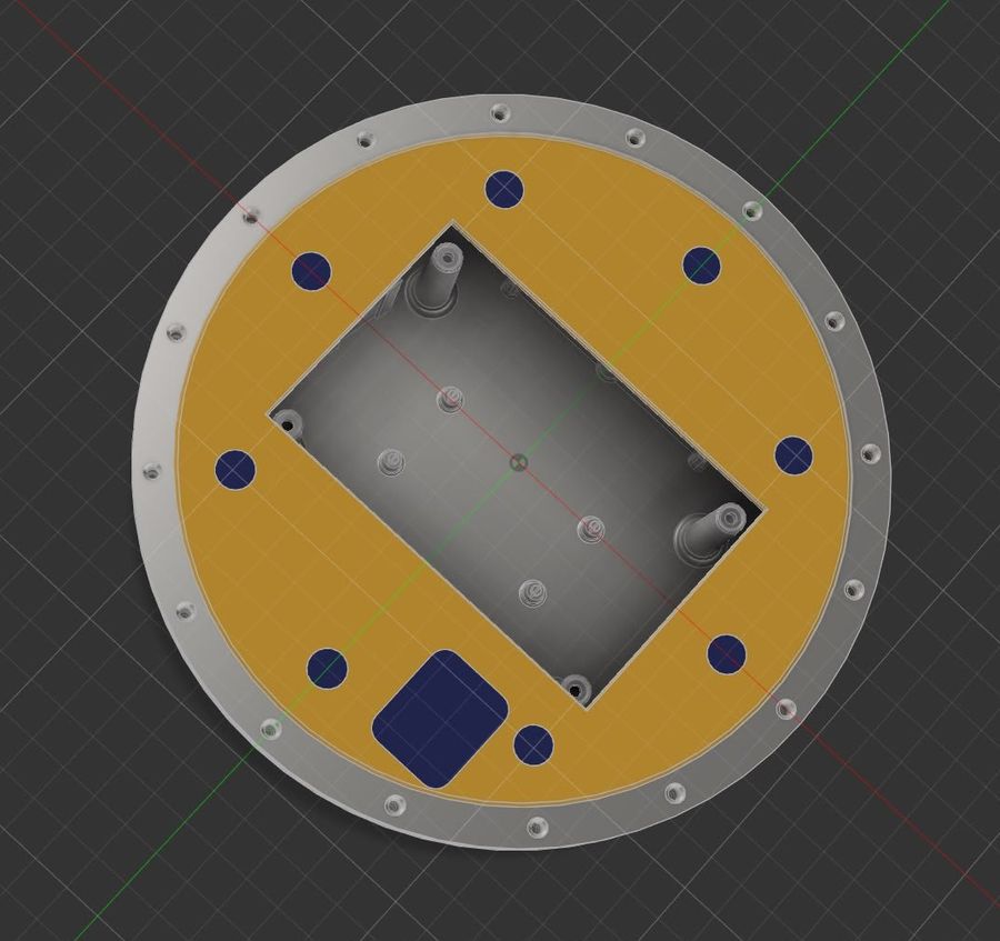 CAD-Ansicht der Frontplatte mit Displayausschnitt und LED-Bohrungen