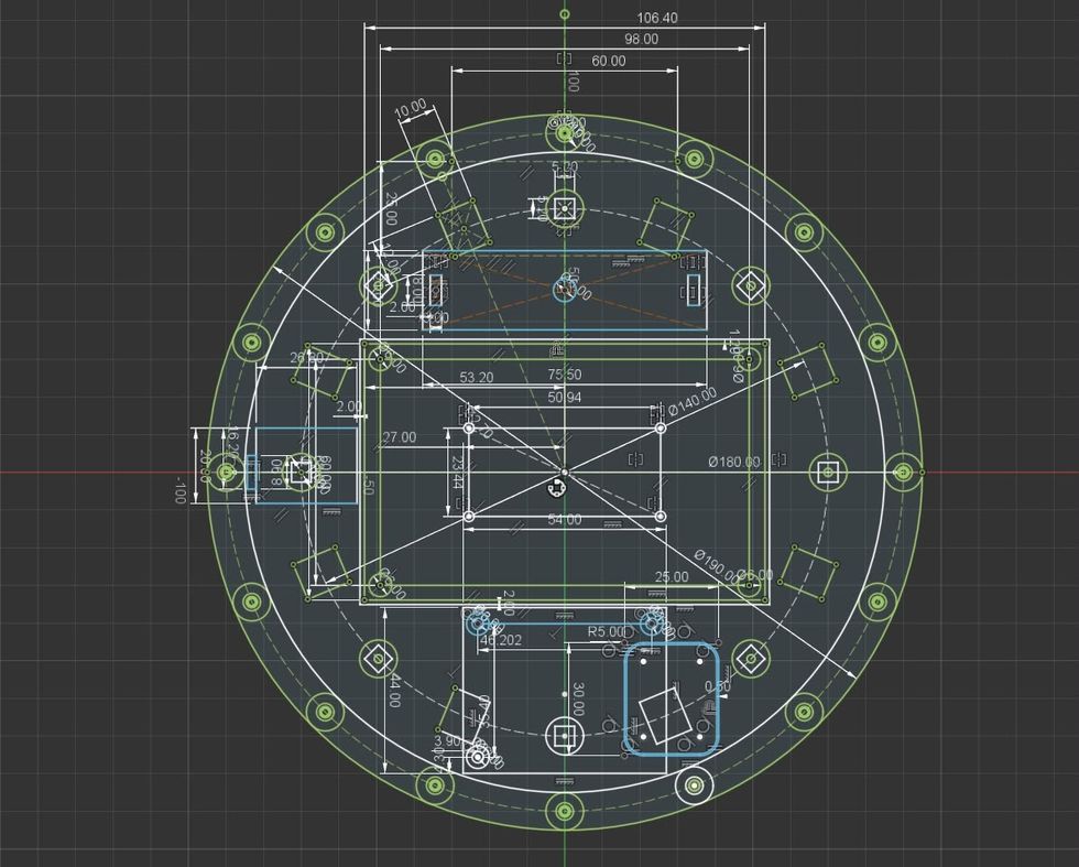 Bemaßte CAD-Konstruktionszeichnung des runden Moduls